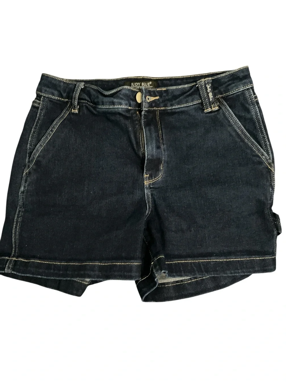 Judy Blue Dark Wash Stretch Denim Shorts Women’s L Cuffed Mid Rise Preloved A33
